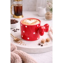 1001 Fiyonklu Kırmızı Puantiyeli Seramik Kahve Kupası - 3D Kulplu Tasarım Mug Bardak