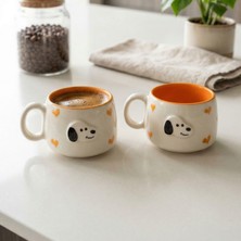 1001 2'li El Yapımı Seramik Kupa Seti, Kedi Desenli Kalp Motifli Stoneware Mug, 200 Ml, Kırmızı Iç