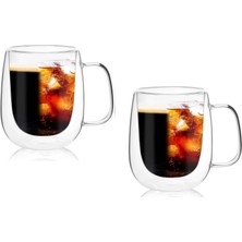 1001 Borosilikat 2 Adet Çift Cidarlı Kupa Bardak, 250 ml Kulplu Cam Çay Kahve Süt Kupa Borosilikat Ba
