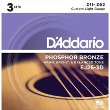1001 Daddarıo EJ26-3D Akustik Gitar Tel Seti, 3'lü Paket, Phosphor-Bronz