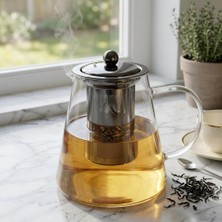 1001 Paslanmaz Metal Süzgeçli Borosilikat Cam Demlik - 950 ml Bitki Çayı Demliği ve Çaydanlık Üst