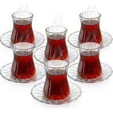 1001 12 Parça Çay Seti - 6 Adet Fitil Desenli Cam Çay Bardağı ve 6 Adet Cam Çay Tabağı - Isıya D