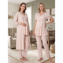 Lohussa Bej Kısa Kollu Lohusa Hamile Sabahlıklı Pijama Takımı