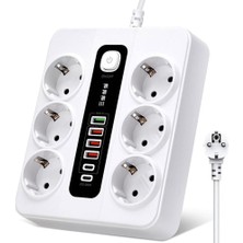 1001 HP-H04 Termal Akım Korumalı 3000W 3.6 Amper 6 Lı Priz 2 Metre Uzatma Kablosu Çoklu Priz 4 USB 2
