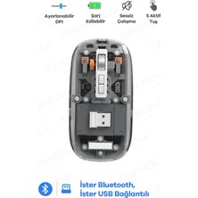 Techora Sale Bluetooth USB Çift Modlu Sessiz Mouse, Şeffaf Mıknatıslı Kapaklı, Type-C Şarjlı, Dpı Ayarlı