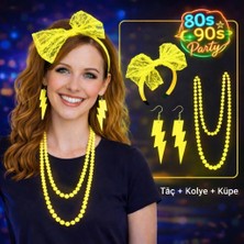 Techora Sale 80’ler 90’lar Neon Sarı Parti Seti – Kolye Küpe Taç