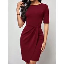 Gökyüzü Moda Kadın Kısa Kollu Bisiklet Yaka Önden Büzgülü Mini Ithal Krep Elbise