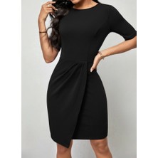 Alyn Wear Kadın Kısa Kollu Bisiklet Yaka Önden Büzgülü Mini Ithal Krep Elbise