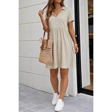Pusula Sepeti Kadın Kısa Kollu V Yakalı Beli Büzgülü Viskon Iki Iplik Kısa Elbise
