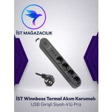 Winnboss Wınnboss Termal Akım Korumalı Uzatma Kablosu 4 Prizli Siyah USB'li Yüksek Kaliteli