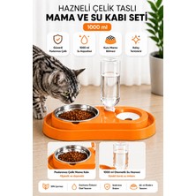 Miapet Hazneli Çelik Taslı Kedi-Köpek Mama ve Su Kabı Seti 1000 ml Turuncu