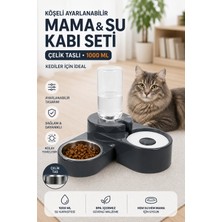 Miapet Köşeli Ayarlanabilir Hazneli Çelik Taslı Kedi-Köpek Mama ve Su Kabı Seti 1000ML Pembe