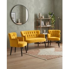 Azra Mobilya Roma 2+1+1 Babyface Kumaş Chester Çay Seti Ev & Ofis Koltuk Takımı - Ahşap Siyah Ayak - Sarı