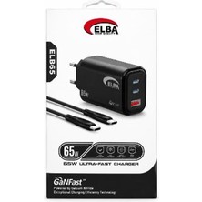 Elba Elb65 65W Siyah Ev Şarj Kafa + Type- C To Type-C Kablo ( Ganfast Teknoloji )Şarj Aleti