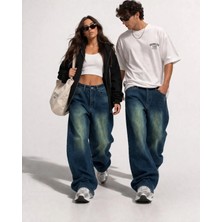 St.poll Eskitme Vintage Yeşil Yıkama Unisex Baggy Jeans Pantolon
