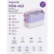 Vagonlife VGN-462 Mor-Beyaz 1400 ml 3 Bölmeli Paslanmaz Çelik Lunch Box Beslenme Kabı