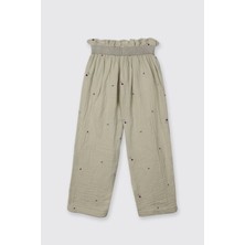 Panço Kız Çocuk Çiçek Desenli Müslin Yeşil Pantolon