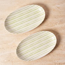 Güral Porselen Yeşil Çizgi Desenli Elips 2li 25 cm Porselen Kayık Tabak