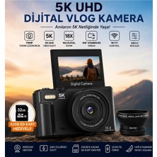 Aesco 5k 75MP 18X Zoom Flaşlı 3” Flip Ekranlı Türkçe 32GB Kart Dijital Vlog Fotoğraf Makinesi Lens Hediyeli