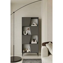 Furnitt Home Roma Gri Kitaplık 175 cm - Vitrin - Gümüşlük (100% Mdf) Metal Ayak