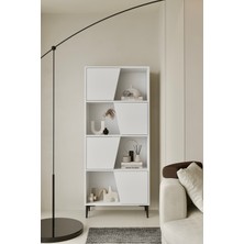 Furnitt Home Roma Beyaz Kitaplık 175 cm - Vitrin - Gümüşlük (100% Mdf) Metal Ayak