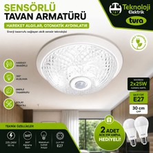 Teknoloji Elektrik Sensörlü Tavan Armatürü 360° Hareket Algılayıcı E27 Duy 30 cm – Otomatik Yanan Enerji Tasarruflu Tavan Lambası (2X25W Uyumlu) - 2 Adet Ampul Hediyeli