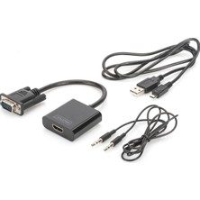 Digitus DA-70473 VGA  -  HDMI Çevirici + Ses (3.5mm), Full HD (1080p), Kablolu, 15 cm, Siyah Renk