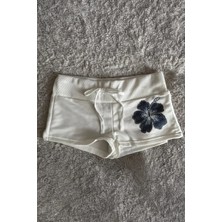 Balina Beyaz Lacivert Hibiskus Çiçeği Ipli Y2K Mini Şort