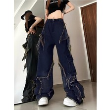 Balina Tech Aesthetic Y2K Stars Patch Detay Yıkamalı Pantolon