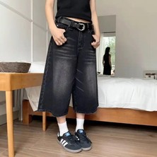Balina Siyah Yıkamalı Kumaş Y2K Unisex Baggy Oversize Kalıp Kot Pantolon Şort