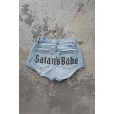 Balina Mavi Satan's Babe Taşlı Y2K Mini Şort