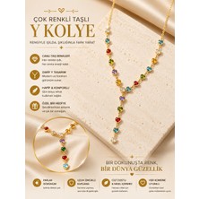 Nior Lifestyle Kalp Taşlı Y Model Kadın Kolye, Altın Renk Renkli Zirkon Görünümlü Kolye, Anneler Günü ve Sevgililer Günü Hediyesi