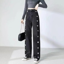 Balina Siyah Kalp Nakışlı Premium Baggy Pantolon