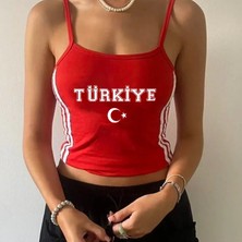 Balina Kırmızı Beyaz Şeritli Türkiye Ay Yıldız Y2K Askılı Crop