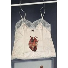 Balina Beyaz Realistic Heart Dantel Gotik Y2K Askılı Crop
