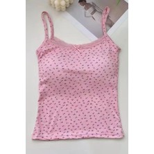 Balina Pembe Minik Fiyonk ve Çiçek Desenli Askılı Crop