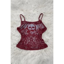 Balina Bordo Skull Ambition Gotik Rose Y2K Askılı Crop