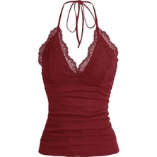 Balina Bordo Dantelli V Yaka Gothic Boyun Bağlamalı Full Body Crop
