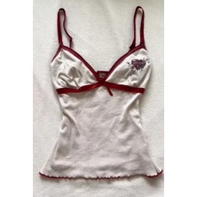 Balina Beyaz Vive Maria Kırmızı Şeritli Fiyonk Detaylı Vintage Y2K Askılı Crop