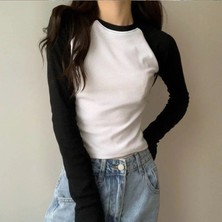Balina Siyah Raglan Kollu Beyaz Basic Uzun Kollu Crop