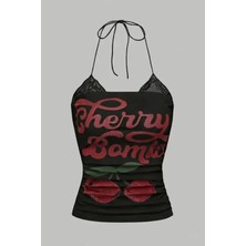 Balina Siyah Cherry Bomb Dantelli Ek Y2K Askılı Crop