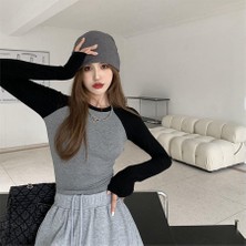 Balina Siyah Raglan Kollu Gri Melanj Basic Uzun Kollu Crop