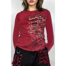 Balina Kırmızı Skull Life Cyber Grunge Uzun Kollu Crop