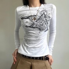 Balina Beyaz Vintage Punk Patterned Uzun Kollu Crop
