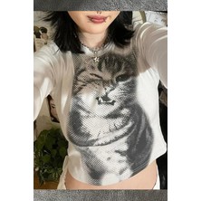Balina Beyaz Baby Cat Gotik Y2K Uzun Kollu Crop