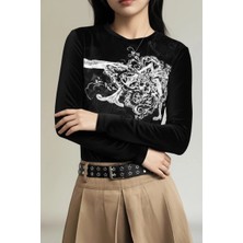 Balina Siyah Vintage Punk Patterned Y2K Uzun Kollu Crop