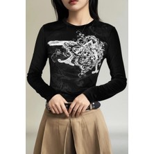 Balina Siyah Vintage Punk Patterned Y2K Uzun Kollu Crop