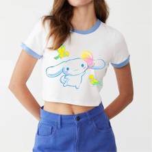 Balina Beyaz Anime Sanrio : Cinnamoroll Bird Friends Y2K Kısa Kollu Crop