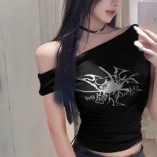 Balina Siyah Black Widow Omuzu Açık Spider Kısa Kollu Crop