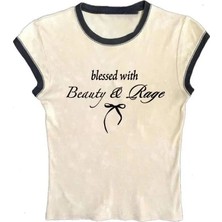 Balina Ekru Blessed With Beauty & Rage Kısa Kollu Crop